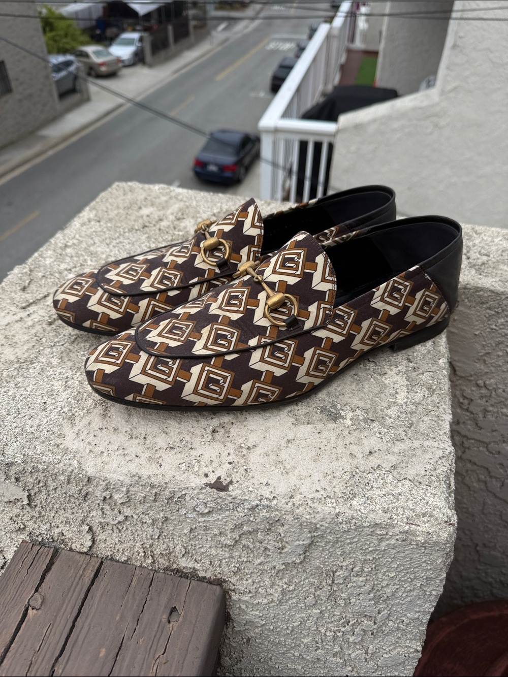 Gucci Brown & Gold Geometric Horsebit Loafers